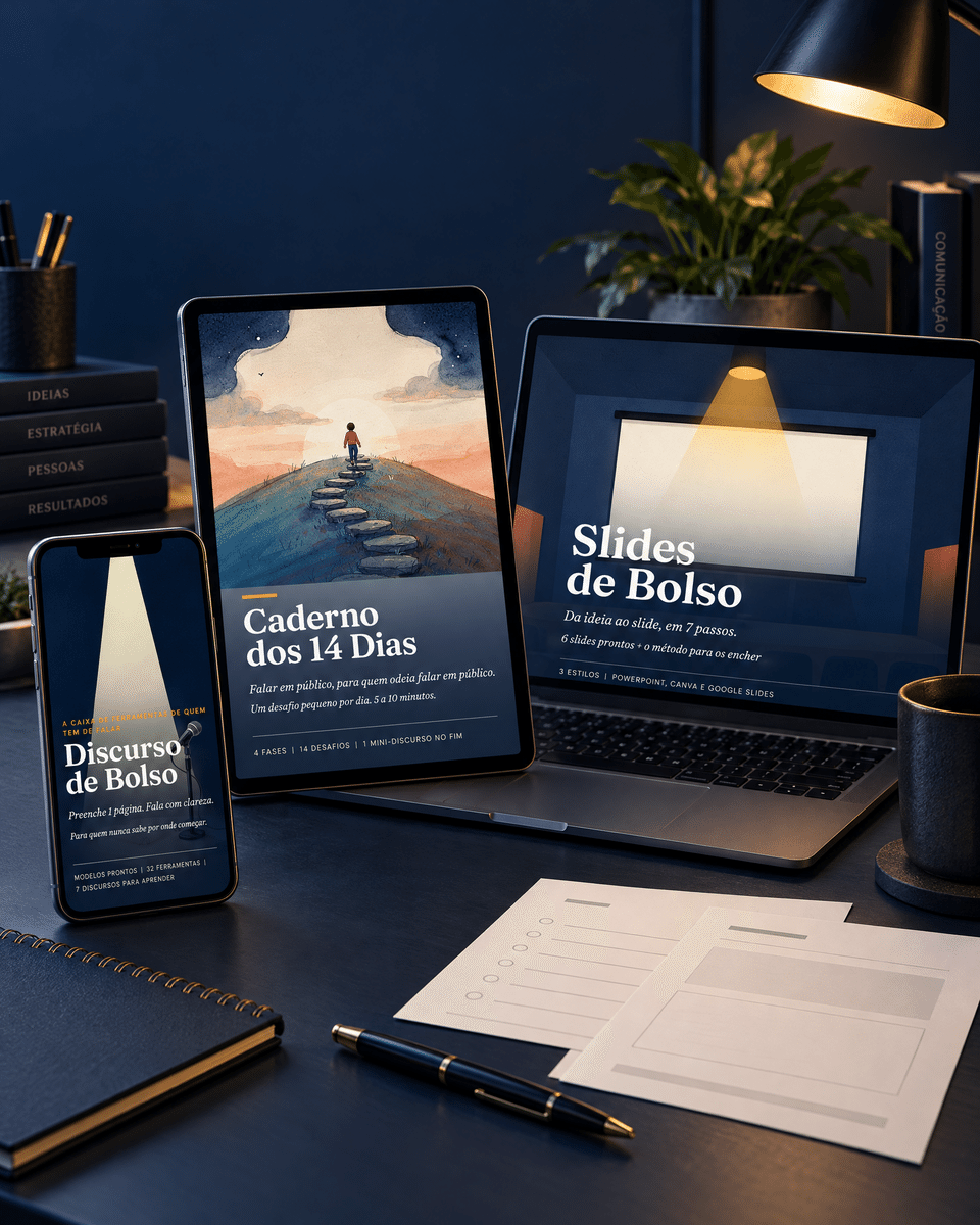 Discurso de Bolso, Caderno dos 14 Dias e Slides de Bolso apresentados num telemóvel, tablet e portátil sobre uma secretária